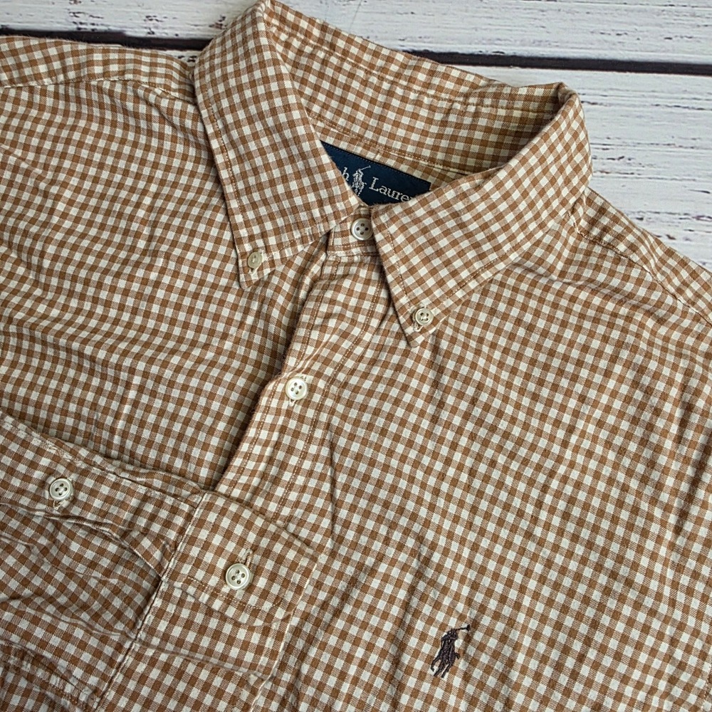 Ralph Lauren Mens XL Classic Fit Gingham Button Down Shirt Brown White Cotton